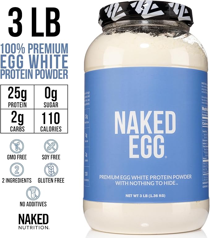 Naked 3LB Non-GMO Egg White Protein Supplement Powder Unflavored No Additives Paleo Dairy Free Gluten Free Soy Free – 25g Protein 44 Servings 3 pounds