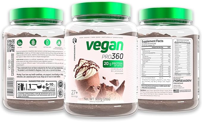 Forzagen Vegan Protein 360 2 Lbs 27 Servings Plant Based Protein Extracted from Quinoa Brown Rice and Pea Isolate Protein Dairy Soy and Gluten Free Nom GMO (Chocolate Milkshake)