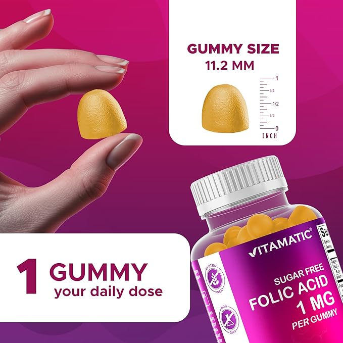 Vitamatic Folic Acid Gummies 1000 mcg (1 mg) - an Essential Prenatal Vitamins for Mom &amp Baby - Vitamin B9-120 Vegan Gummies (3)