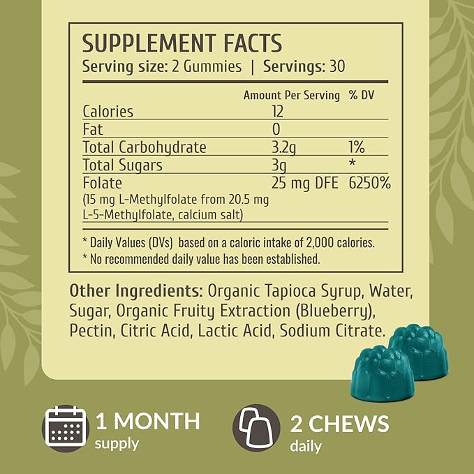 HERBAMAMA L-Methylfolate Gummies - 15mg 5-MTHF Calming Supplement for Adults - Vegan Non-GMO Methylated Folate (Vitamin B9) for Brain Support - 60 Pectin-Based Blueberry-Flavored Chews (Pack of 2)