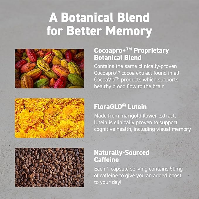 CocoaVia Memory &amp Focus Brain Supplement 90 Day Cocoa Flavanol Blend Lutein Added Caffeine for Boost. Improve Cognitive Function Attention Vegan &amp Plant Based 90 Capsules