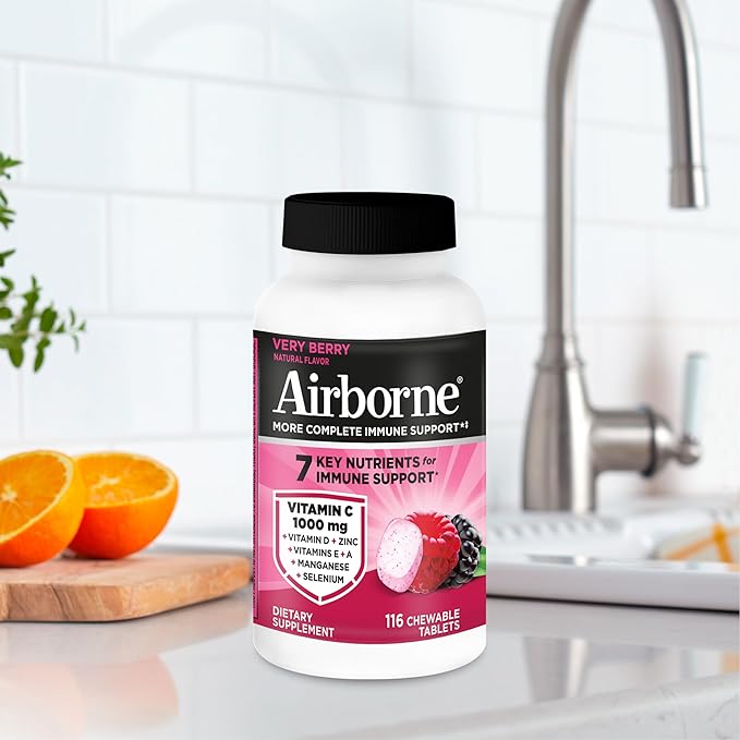 Airborne Vitamin C 1000mg (per Serving) - Very Berry Chewable Tablets (116 Count in a Bottle) Gluten-Free Immune Support Supplement with Vitamins A C E Zinc Selenium Ginger Antioxidants