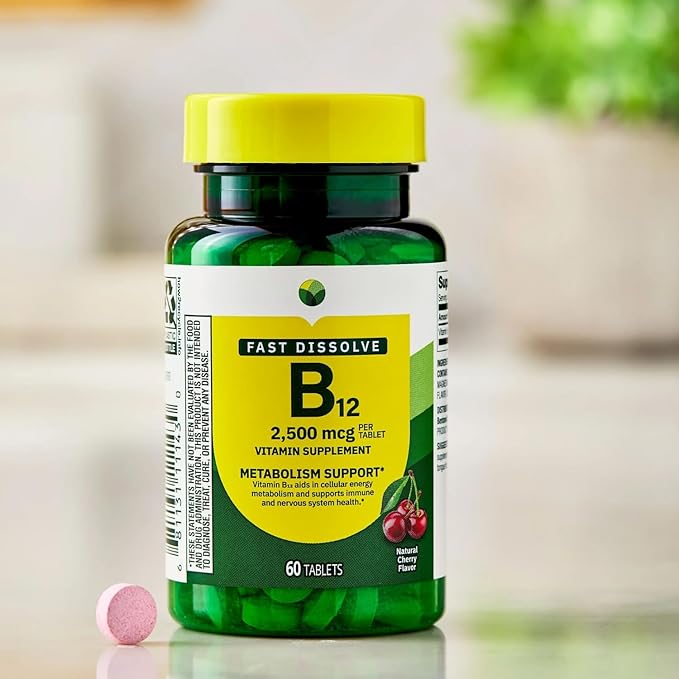 Vitamin B12 Fast Dissolve Tablets - Cherry Flavor 2500 mcg - Supports Energy &amp Nervous System - 60 Count (Pack of 2)