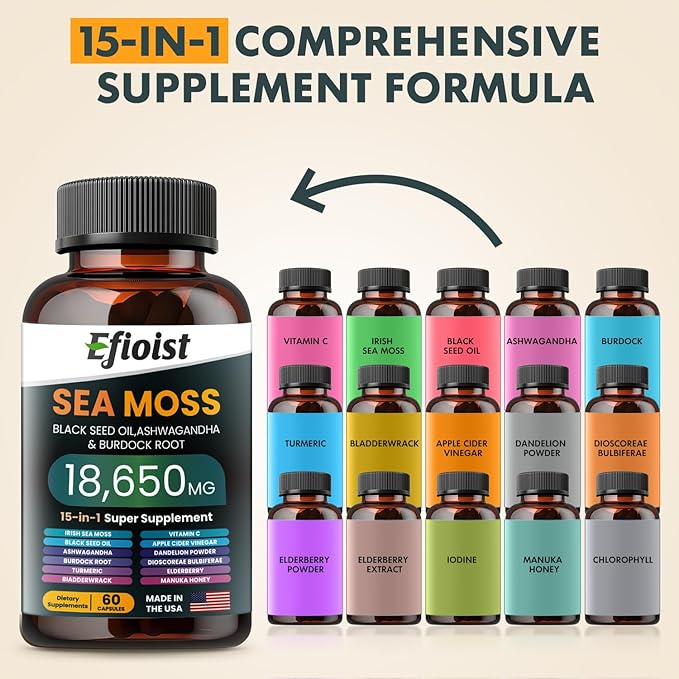 Sea Moss 6000mg Black Seed Oil 4000mg Ashwagandha 2000mg &amp Burdock Root/Turmeric/Bladderwrack 18650mg Sea Moss Supplement Seamoss Black Seed Oil Ashwagandha Ginger 120 Count