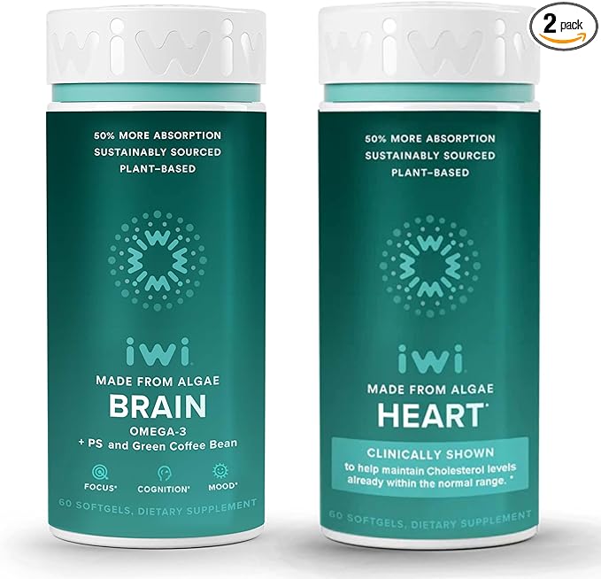 Iwi Life Brain &amp Heart Omega-3 Bundle 30 Servings Vegan Plant-Based Algae Omega 3 Krill &amp Fish Oil Alternative No Fishy Aftertaste
