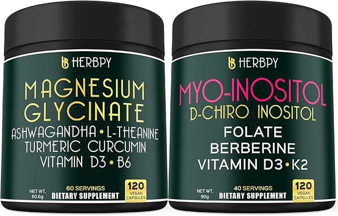 Bundle 6in1 Magnesium Glycinate Ashwagandha 120 Count &amp 6in1 Myo-inositol &amp D-Chiro Inositol Supplement for Women 120 Count - Restful Night Relaxation Heart &amp Overall Health