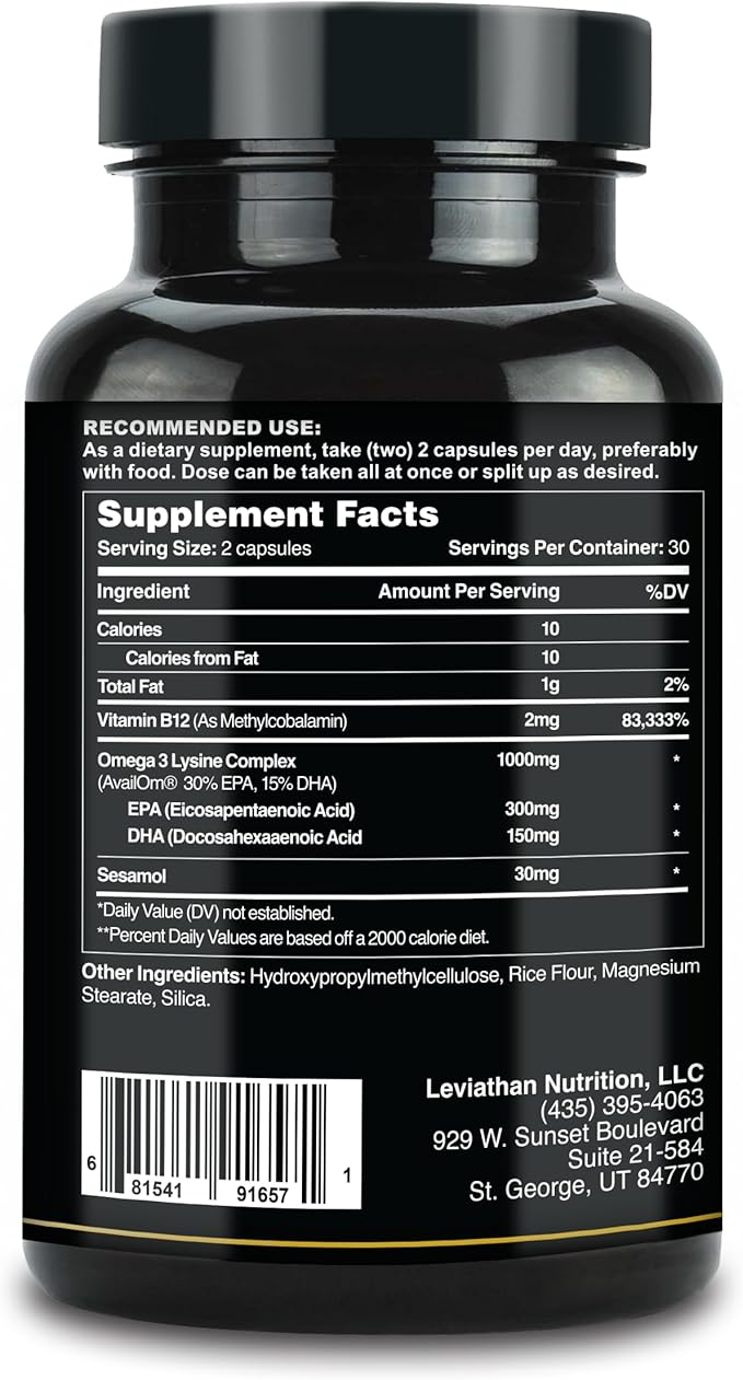 Leviathan Fish Oil Omega 3 Capsules | Premium Norwegian Omega 3 Fish Oil for Heart Brain &amp Immune Support | Superior Absorption Triple Strength Fish Oil Supplements - Free Form EPA &amp DHA