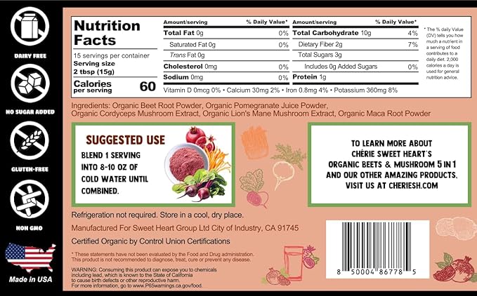 Cherie Sweet Heart Organic Beets &amp Mushroom 5 in 1 Beet Root Powder Mushroom Powder Supplement Beetroot with Pomegranate Cordyceps Lions Mane Maca USDA Organic Gluten Free - 8 Oz Jar