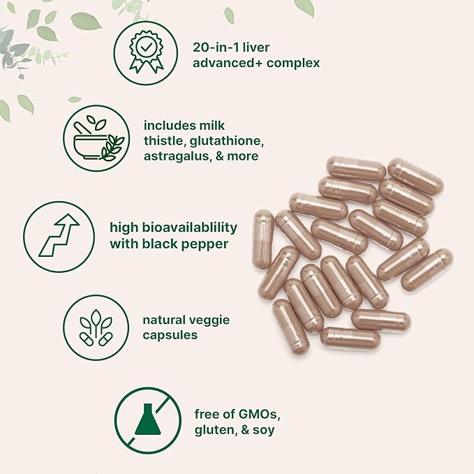 Liver Advanced+ 240 Veggie Capsules | 20-in-1 Complex with Milk Thistle Dandelion NAD NAC ALA TUDCA Glutathione Artichoke Turmeric &amp Astragalus | Non-GMO Gluten Free