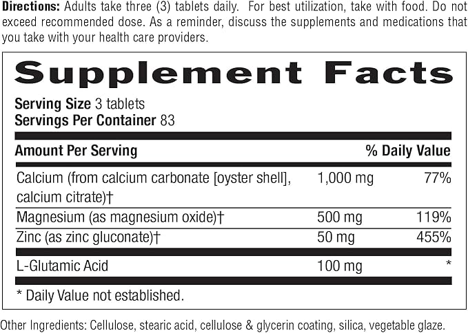 Country Life Calcium Magnesium Zinc with L-Glutamic Acid Dietary Supplement for Bone Support Certified Gluten Free  1000mg/500mg/50mg 250 Tablets