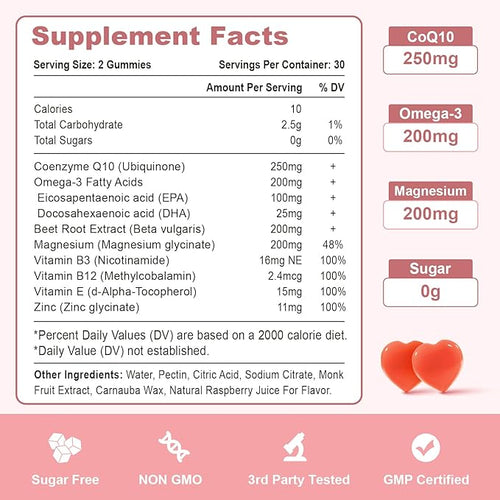 2 Pack CoQ10 Gummies 250 mg Plus Omega-3 Magnesium Vitamin B12 for Cellular Energy Brain &amp Antioxidant 5X Better Absorption Coenzyme Q10 Supplement Raspberry Flavored Gummies - 120 Cts