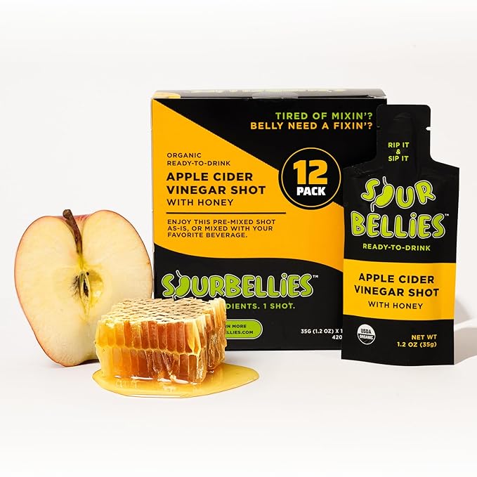 Sourbellies Apple Cider Vinegar Immunity Wellness Shot with Honey Organic ACV Shot for Digestion Support &amp Bloating Relief Ready-to-Drink On-The-Go Wellness Gut Health 1 oz (Pack of 12)