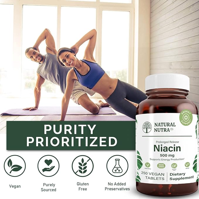 Natural Nutra Time-Release Slow Niacin 500mg (Vitamin B3) Support Healthy Cholesterol Promotes Cardiovascular Health Promotes Skin Cells and Improve Cognitive Function 250 Vegan Tablets