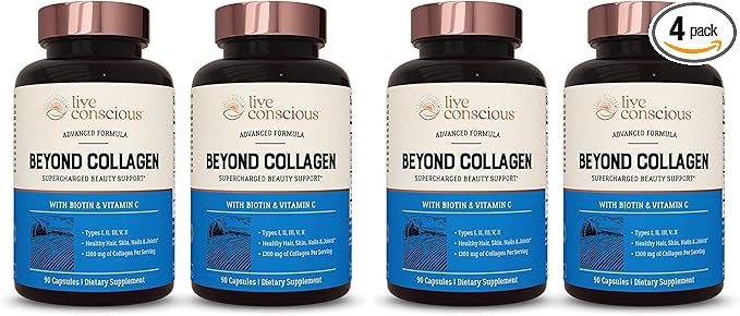 Live Conscious Beyond Collagen Multi Collagen Capsules - Types I II III V &amp X | Hydrolyzed Blend with Biotin &amp Vitamin C for Hair Skin Nails 90 Capsules (4-Pack)