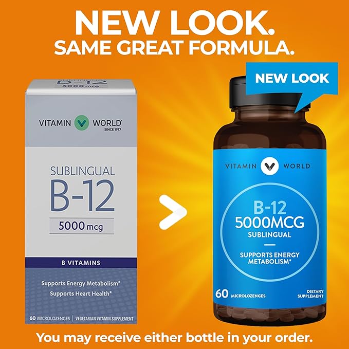 Vitamin World Vitamin B-12 5000 mcg. Sublingual 60 Microlozenges Supports Energy Metabolism Supports Heart Health