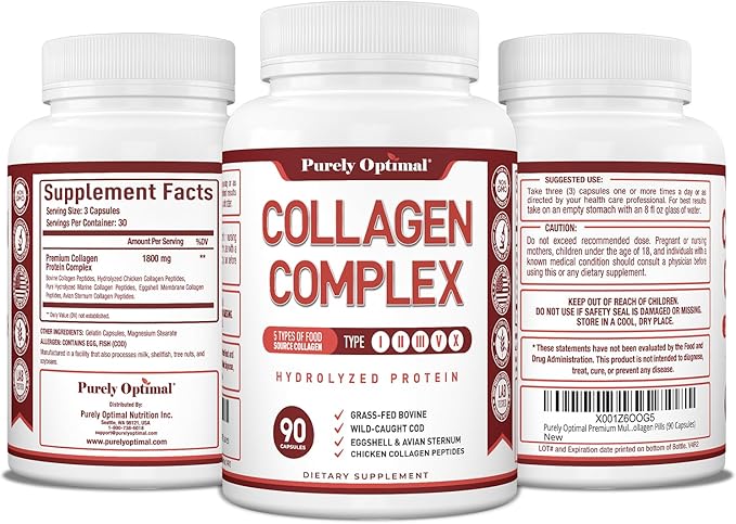 Purely Optimal Premium Multi Collagen Peptides Capsules (Types I II III V X) - Hair Skin and Nails Digestive &amp Joint Health Supplement Hydrolyzed Collagen Pills (90 Capsules)
