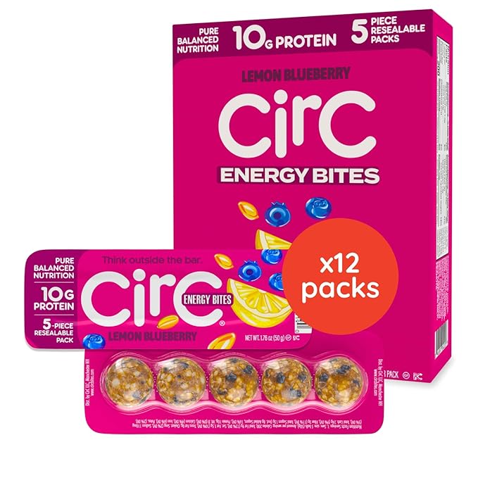 CirC Energy Bites - 12 Pack Lemon Blueberry Gluten Free Protein Balls - 10g Protein Whole Grains Nuts &amp Fruit - Portable Healthy Snacks for Adults &amp Kids 5 Piece Resealable Packs