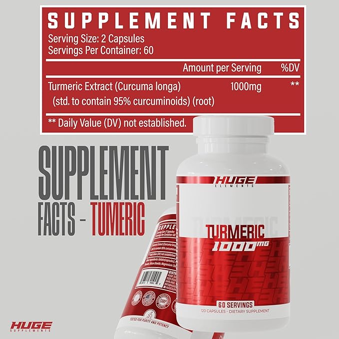Huge Supplements Turmeric 1000mg of Pure Turmeric Root Extract per Serving 95% Curcuminoids Antioxidant Supplement Non-GMO Gluten-Free - 120 Capsules