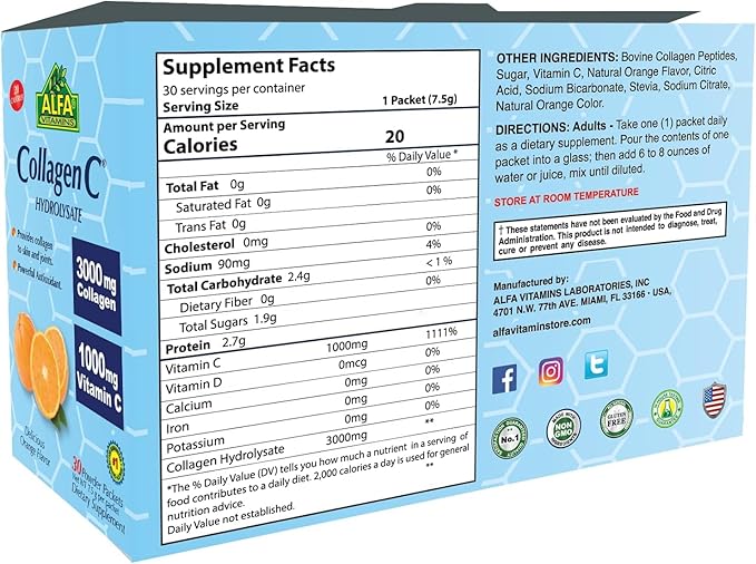 ALFA VITAMINS Collagen C Peptides Hydrolysate Powder Supplement Vitamin C 1000mg Gluten Free Hydrolyzed Collagen for Skin Hair Nails Joint &amp Bone Support Antioxidant 30 Sachets per Box 2 P