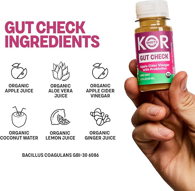 Kor Shot Apple Cider Vinegar Probiotics Shot - 24 Pack x 1.7 Fl Oz - Gut Check - Digestive Health - 1 Billion Cfu Probiotics - USDA Certified Organic