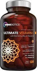 OmniBiotics Ultimate Vitamin C Supplement 2000mg – with Zinc Elderberry Extract and D3 – High Potency Immune Support &amp Collagen Booster – 120 Vegan Tablets