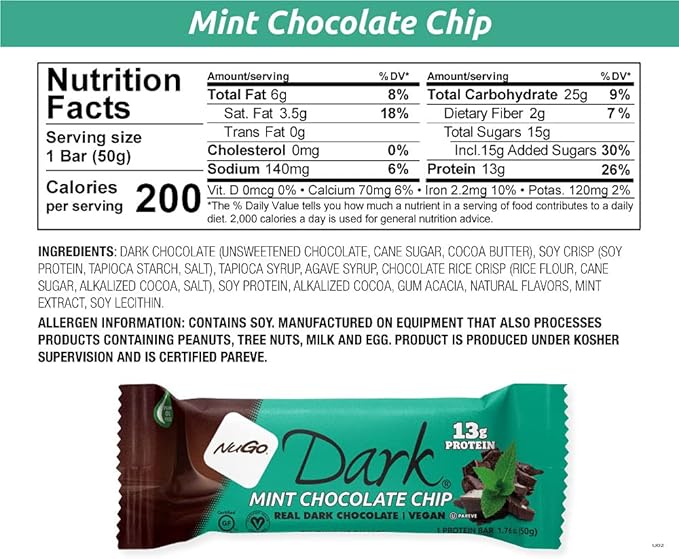 NuGo Dark Mint Chocolate Chip 13g Protein Bar Vegan Gluten Free Non-GMO Kosher Pareve 24 Count