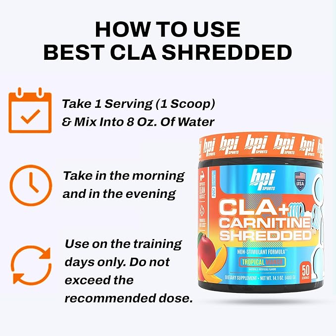 BPI Sports CLA + Carnitine Shredded - Convert Fat Cells Into Energy and Supports Lean Muscle Boost Metabolism - Non-Stimulant L-Carnitine Supplement - Tropical Mango (14.1 oz. / 50 Servings)