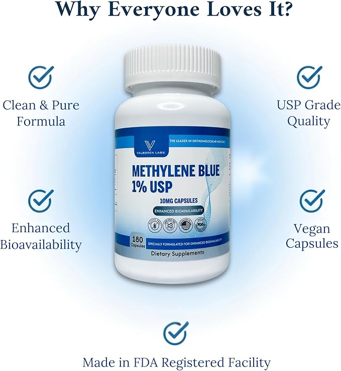 Methylene Blue Capsules 10mg - Pharmaceutical Grade Supplement - Trusted Made in America Brand - (USP Reference Compliant) with Vitamin C Ester Enhanced Absorption - Third Party Tested - 180 Pills