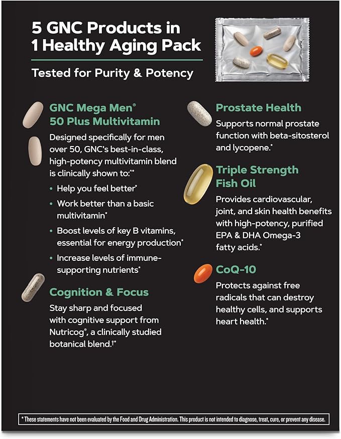 GNC Mega Men 50 Plus Vitapak Program Convenient Complete Nutrition 5 Products in 1 Vitamin Pack Multivitamin Fish Oil Mental Sharpness Ginkgo Prostate Health 30 Packets 30 Day Supply