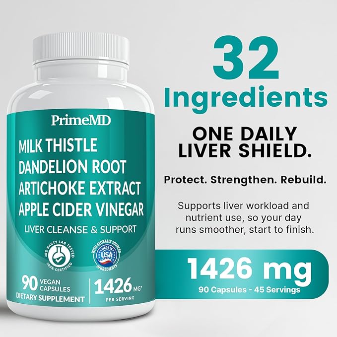 32-in-1 Liver Support with Milk Thistle Supplement – Liver Detox with Silymarin Artichoke Extract &amp Beetroot Powder – Comprehensive Wellness Formula for Liver Cleanse – 1426mg (180 count) (Pack o