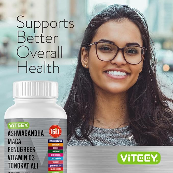 Viteey Ashwagandha Maca Fenugreek Supplement with Tongkat Ali – Drive Passion &amp Energy Support for Men &amp Women – Mood Calm &amp Stress Support - 60 Capsules