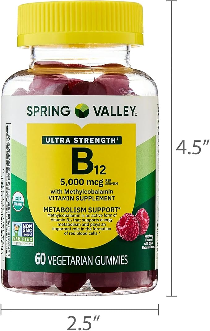 SUREFECT Spring Valley Ultra Strength Vitamin B12 5000 mcg Gummies with Methylcobalamin - 60 Count Raspberry Flavor Organizer