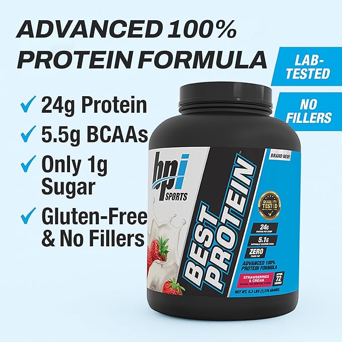 BPI Sports Best Protein – 100% Whey Protein Powder – Muscle Growth Recovery Meal Replacement – No Maltodextrin No Fillers Gluten Free – for Men &amp Women | Strawberries and Cream – 5.2 Pounds