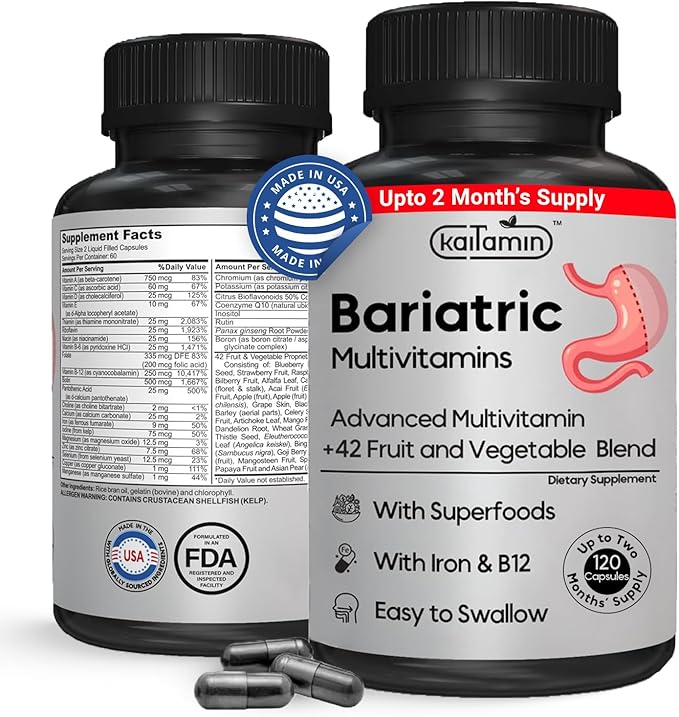 Bariatric Multivitamin with Iron – Post Bariatric Surgery – Gastric Bypass &amp Sleeve Support – for Women &amp Men – Easy to Swallow – B12 B6 &amp 42 Superfoods –Gluten-Free- 120 Caps 2-Month Sup