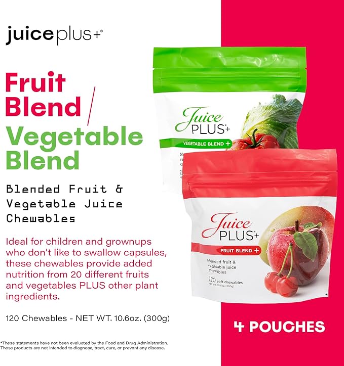 JuicePlus+ Fruit &amp Vegetable Blend Soft Chews - Tasty Vegan Fruit Veggie Gummy Vitamins for Adults &amp Kids - 4 Month Supply 4 packs (2 of each flavor)