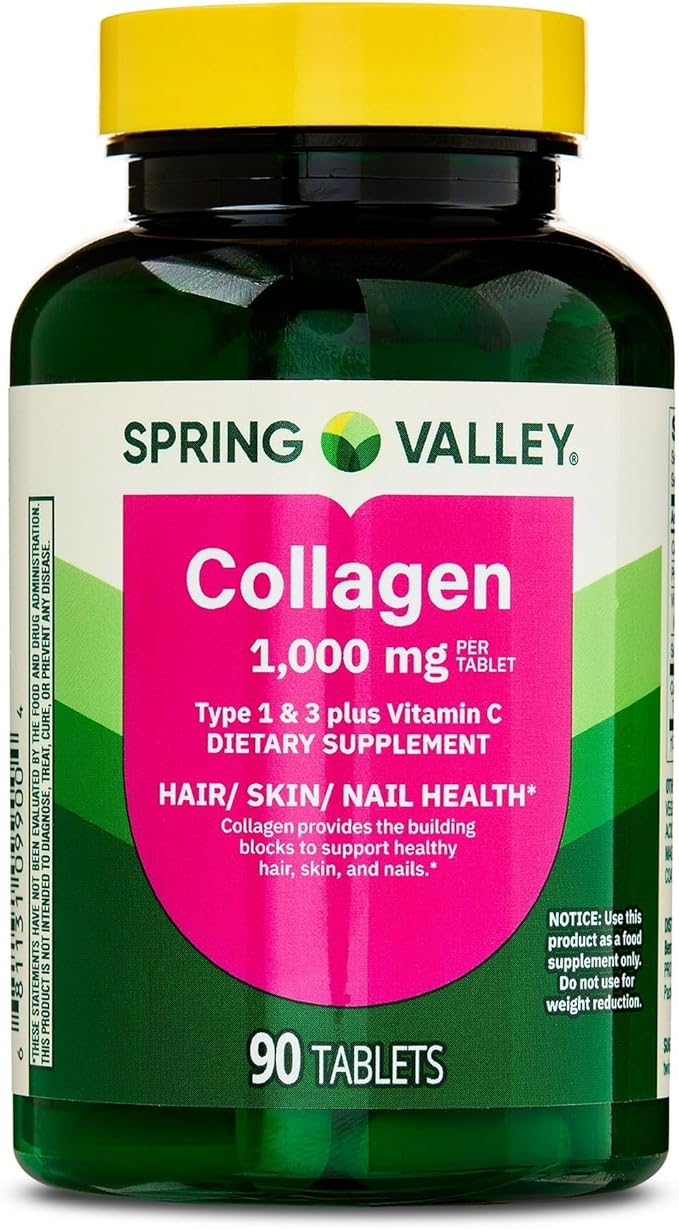 Collagen Type 1 &amp 3 Plus Vitamin C Hair Skin Nails Health Dietary Supplement Tablets 1000 mg 90 Count by Spring Valley (Pack of 1) - Set by Basket Goods