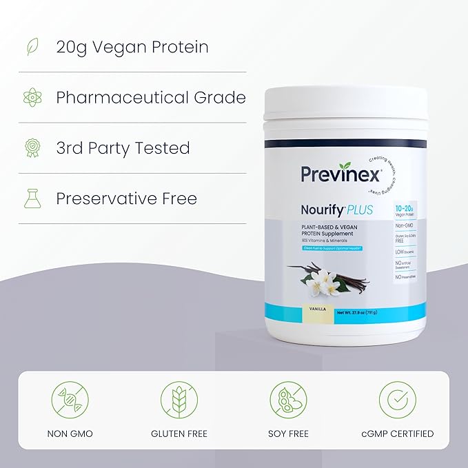 Nourify Plus Plant-Based Protein Shake - All Natural Vegan Protein Powder High Protein &amp Low Sugar Gluten Free Soy Free &amp Dairy Free Vanilla Protein Powder (27.7 oz)