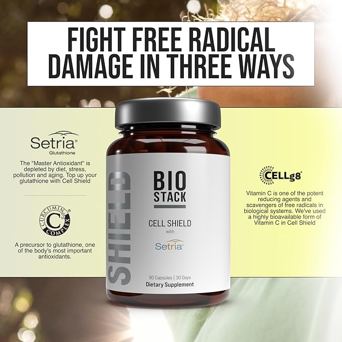 BIOSTACK Cell Shield with Setria Glutathione | Liposomal Supplement with Vitamin C Turmeric and C3 Curcumin Complex | Pure Reduced L-Glutathione 500mg for Immune Support Skin &amp Antioxidant Defe