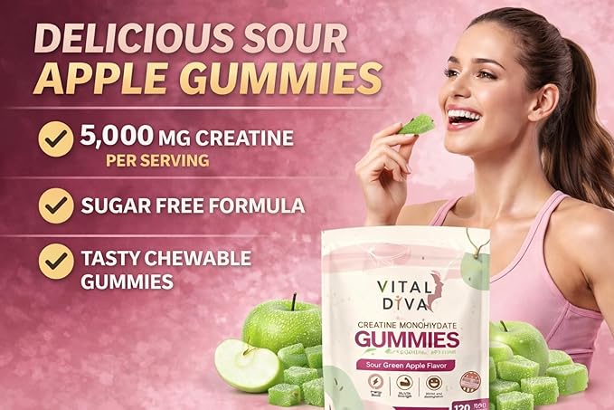 Creatine Monohydrate Gummies for Women – 100% Sugar-Free Sour Green Apple – 120 Count 3 Month Supply – Support Muscle Recovery Strength &amp Energy – No Messy Powders Vegan &amp Non-GMO