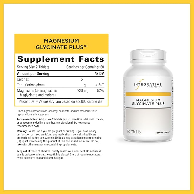 Integrative Therapeutics Magnesium Glycinate Plus - Brain Function Support Supplement for Adults* - Supports Heart and Muscular Function* - Dairy-Free &amp Gluten-Free - 120 Count (60 Servings)