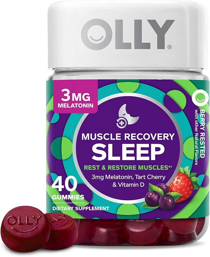 OLLY Extra Strength Sleep Gummy with Melatonin L-Theanine Chamomile Lemon Balm BlackBerry Flavor - 50 Count &amp Muscle Recovery Sleep Gummies with Melatonin Tart Cherry Vitamin D Berry Flavor