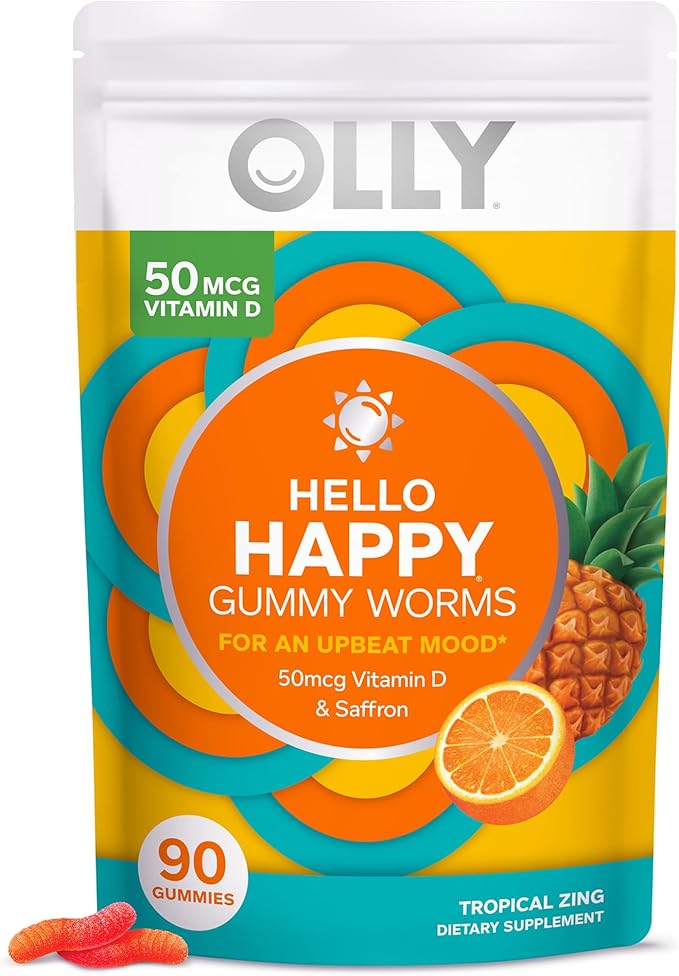 OLLY Hello Happy Gummy Worms Mood Support with Vitamin D Saffron - 90 Count Men's Multivitamin Gummy Immune Support with Vitamins A C D E B Lycopene Zinc - 120 Count