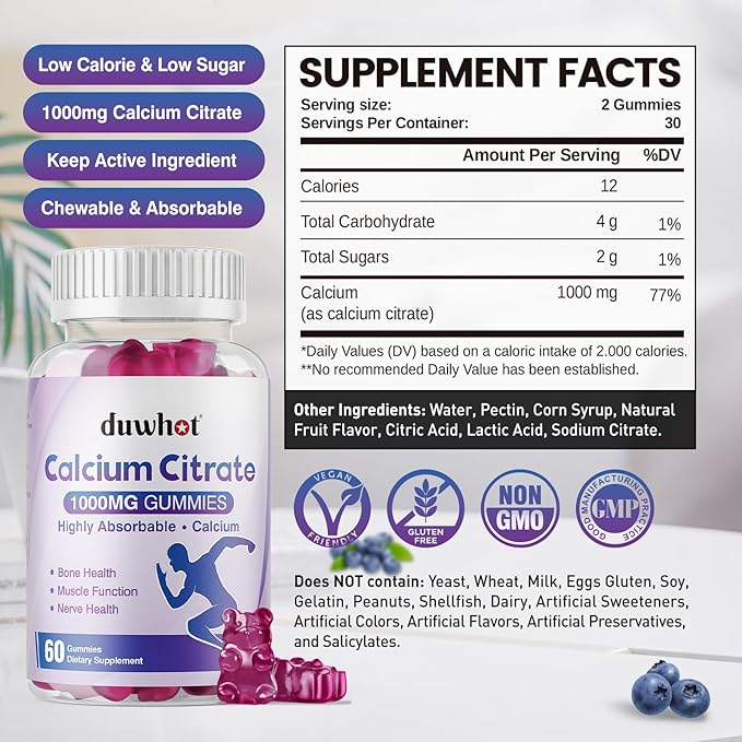 Calcium Citrate Gummies Chewable Calcium Citrate 1000mg for Bone Muscle &amp Immune Support Ultimate Absorption Calcium Supplements for Women &amp Men Blueberry 120 Chews
