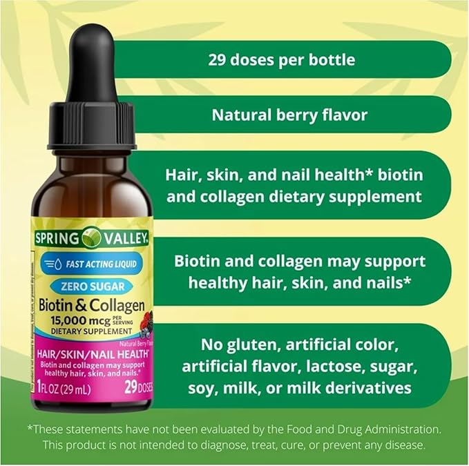 Liquid Biotin and Collagen 15000Mcg Natural Berry Flavor Drops for Hair Skin Nails z (Pack of 2)