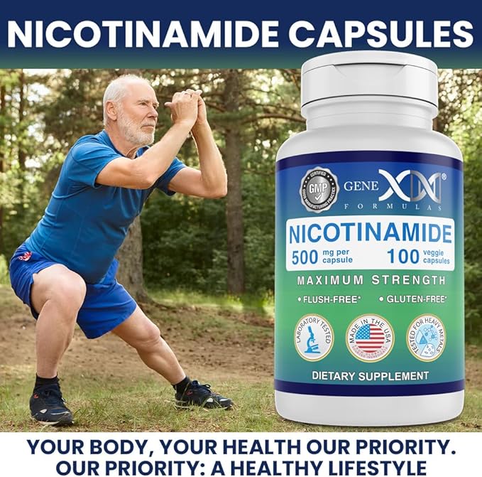 Genex Formulas Nicotinamide 500mg (3-Pack) Vitamin B3 Flush Free Niacin Capsules for Healthy Skin - Niacinamide Supplement Pills help Produce Keratin &amp Support Skin Cell Health &amp Energy (300 C