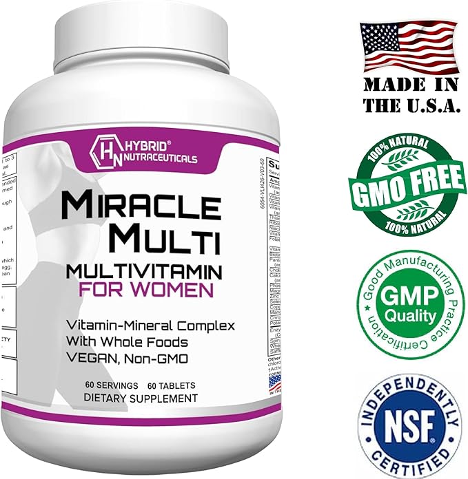 Hybrid Nutraceuticals MiracleMulti Women Multivitamin with Probiotics Biotin Folic Acid Enzymes + Fruit &amp Vegetable Blend - Immune Support Heart Health Energy: 60 Servings (Non-GMO) (2)