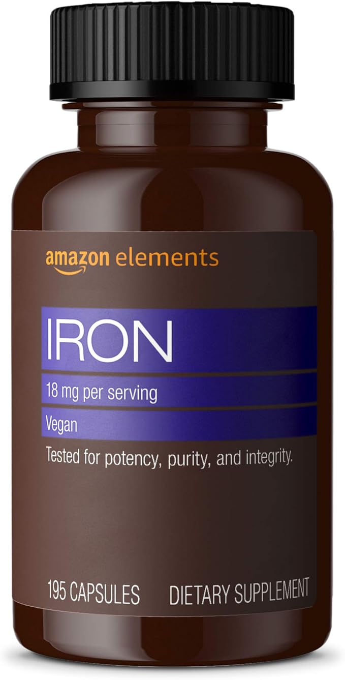 Amazon Elements Vitamin B12 Methylcobalamin 5000 mcg Berry Flavored Lozenges and Amazon Elements Iron 18mg Capsules