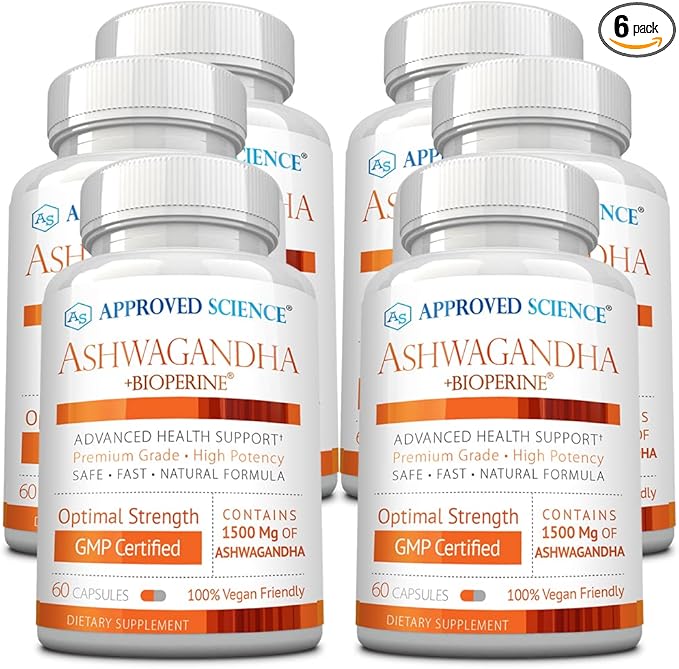 Approved Science Ashwagandha 1500mg with Bioperine® and Ginger- Enhance Memory Boost Mood &amp Energy - 60 Vegan Friendly Capsules (6 Bottles)