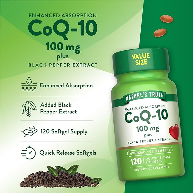 Nature's Truth CoQ10 100mg | 120 Softgels | High Absorption | Non-GMO &amp Gluten Free Coenzyme Supplement | with Black Pepper Extract