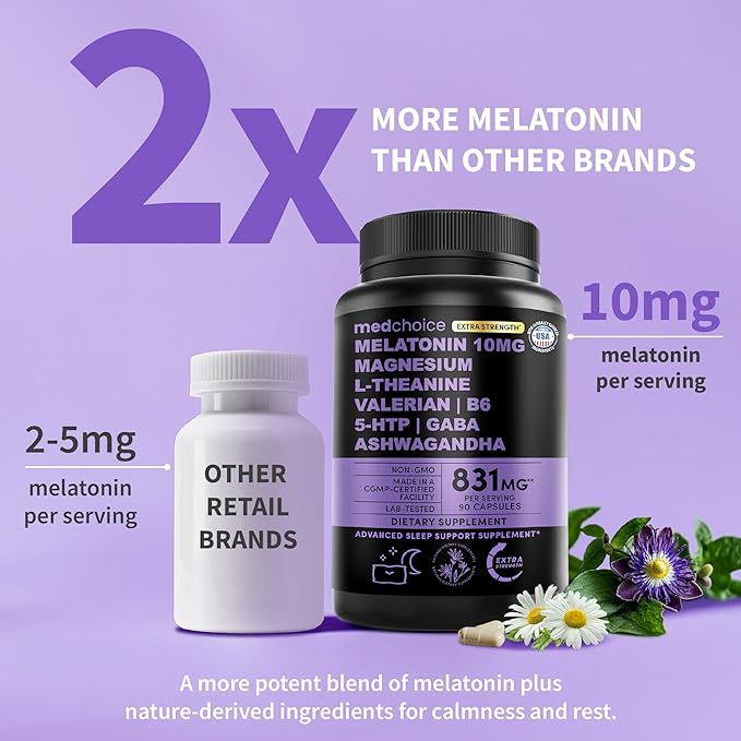 12-in-1 Melatonin Sleep Capsules - 10mg Melatonin Extra Strength with Magnesium and Balanced Blend of Ashwagandha GABA Chamomile Extract L-Theanine &amp Valerian Root 10:1 Extract (90ct Pack of 2